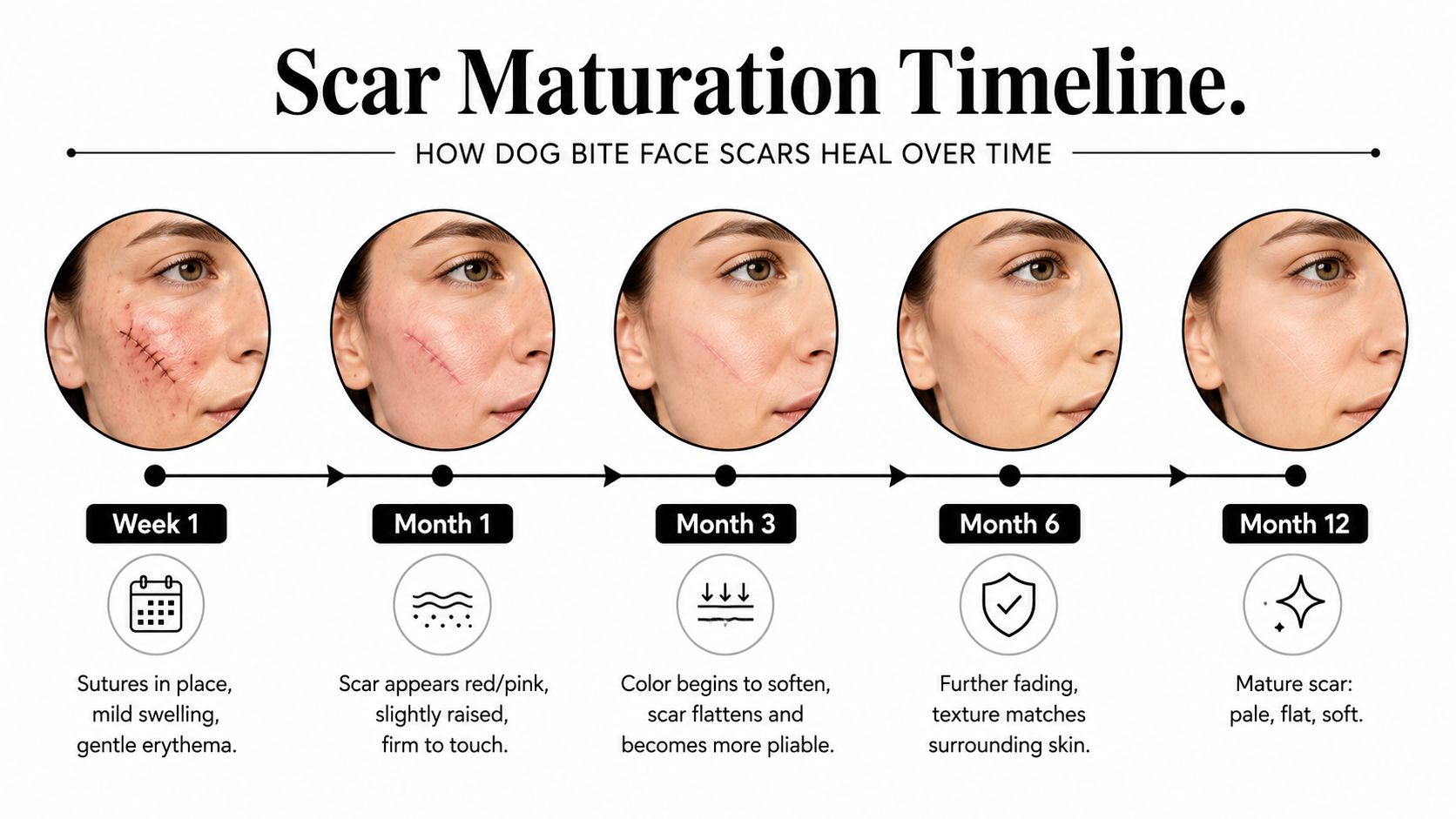 A visual timeline infographic illustrating the healing process of a dog bite scar on a human face.