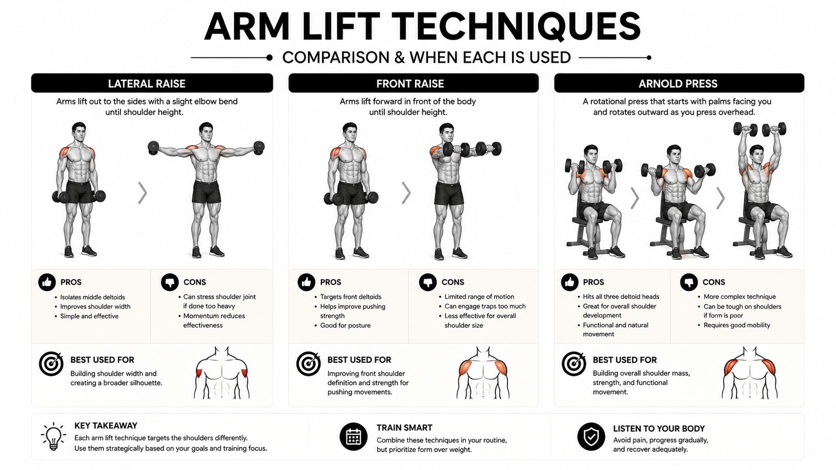 An infographic showing instructions and benefits for the lateral raise, front raise, and Arnold press shoulder exercises.
