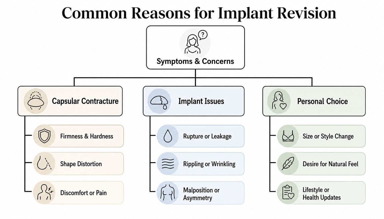 A diagram outlining common reasons for breast implant revision, including capsular contracture, implant issues, and personal choice.