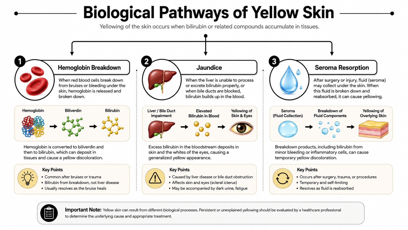 An infographic showing the three biological pathways causing yellow skin, including hemoglobin breakdown, jaundice, and seroma resorption.