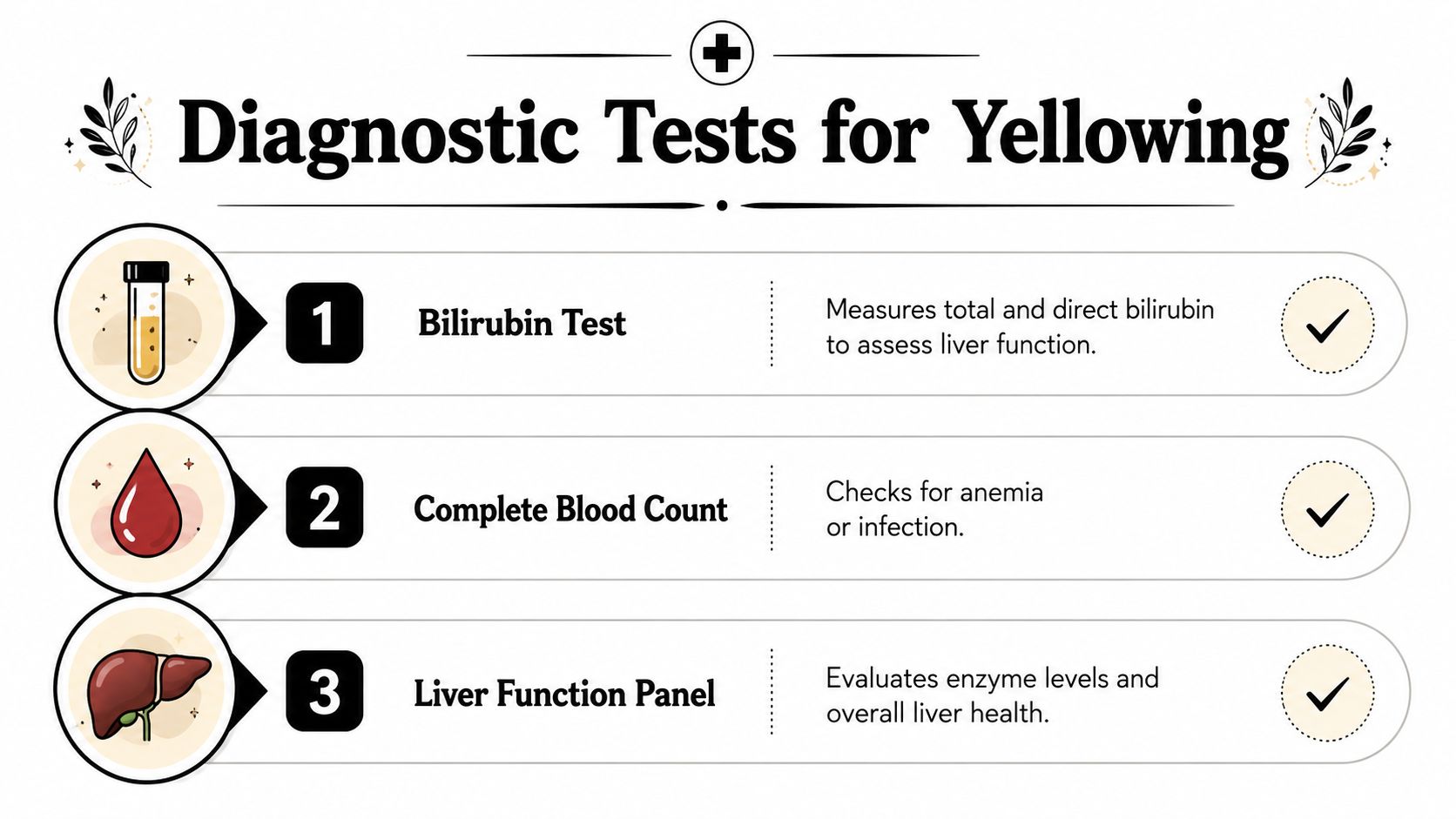 A medical infographic listing three common diagnostic tests for jaundice, including bilirubin, blood count, and liver panels.