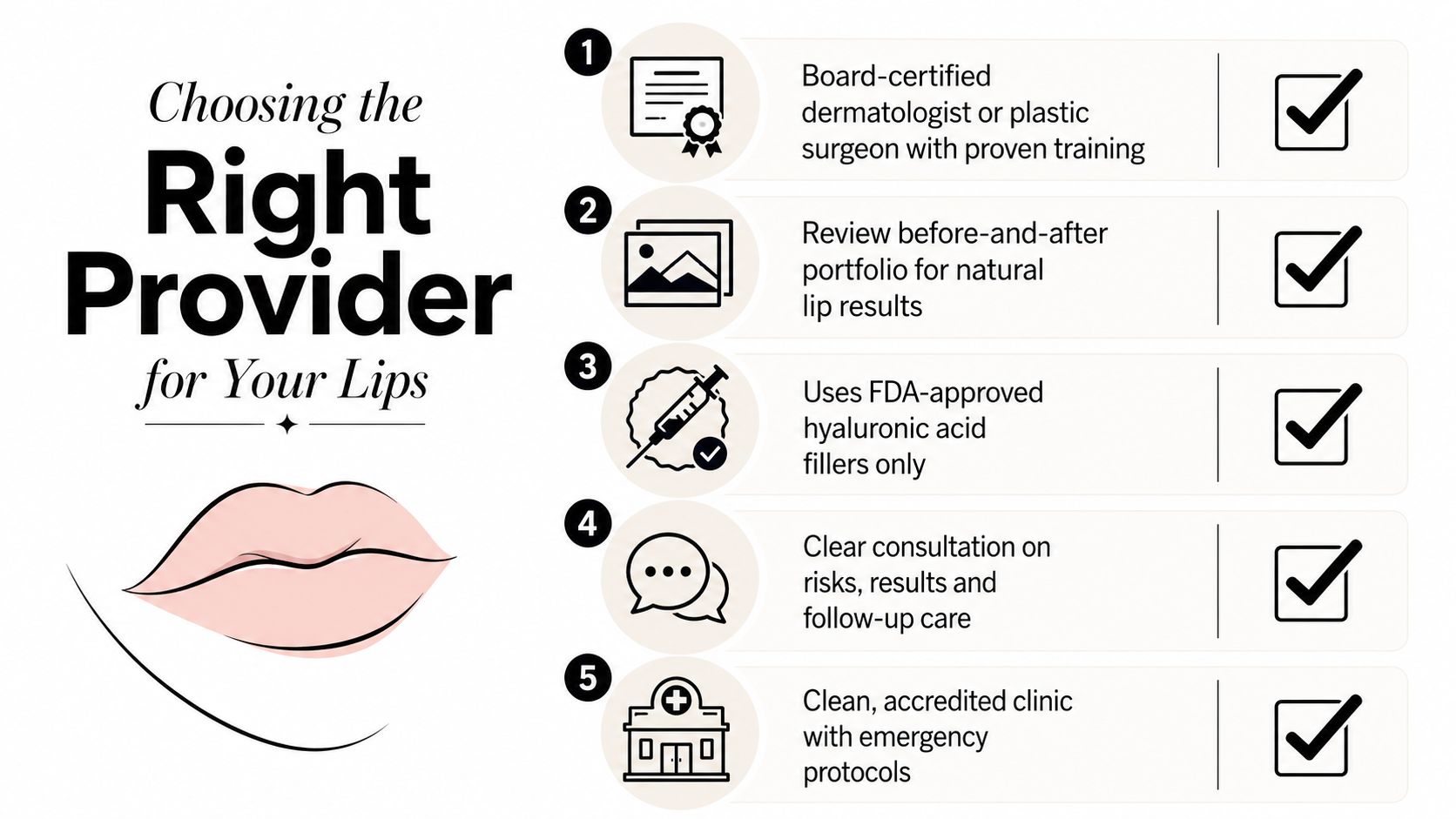 A checklist infographic titled Choosing the Right Provider for Your Lips with five key safety tips.