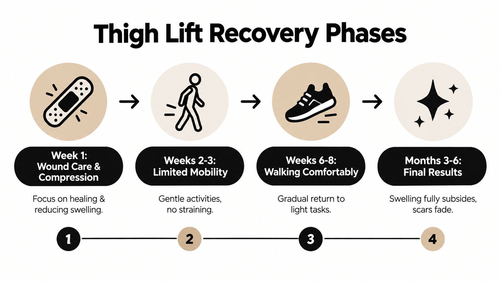 A diagram outlining the four stages of recovery after thigh lift surgery, from initial care to final results.