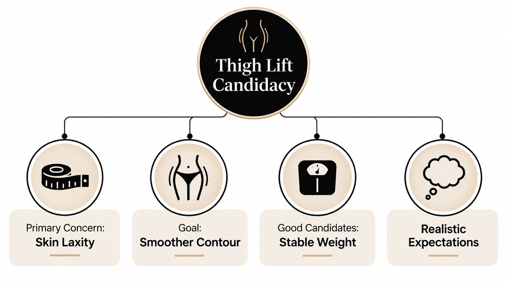 A diagram outlining key candidacy factors for thigh lift surgery, including skin laxity, contour goals, and weight stability.