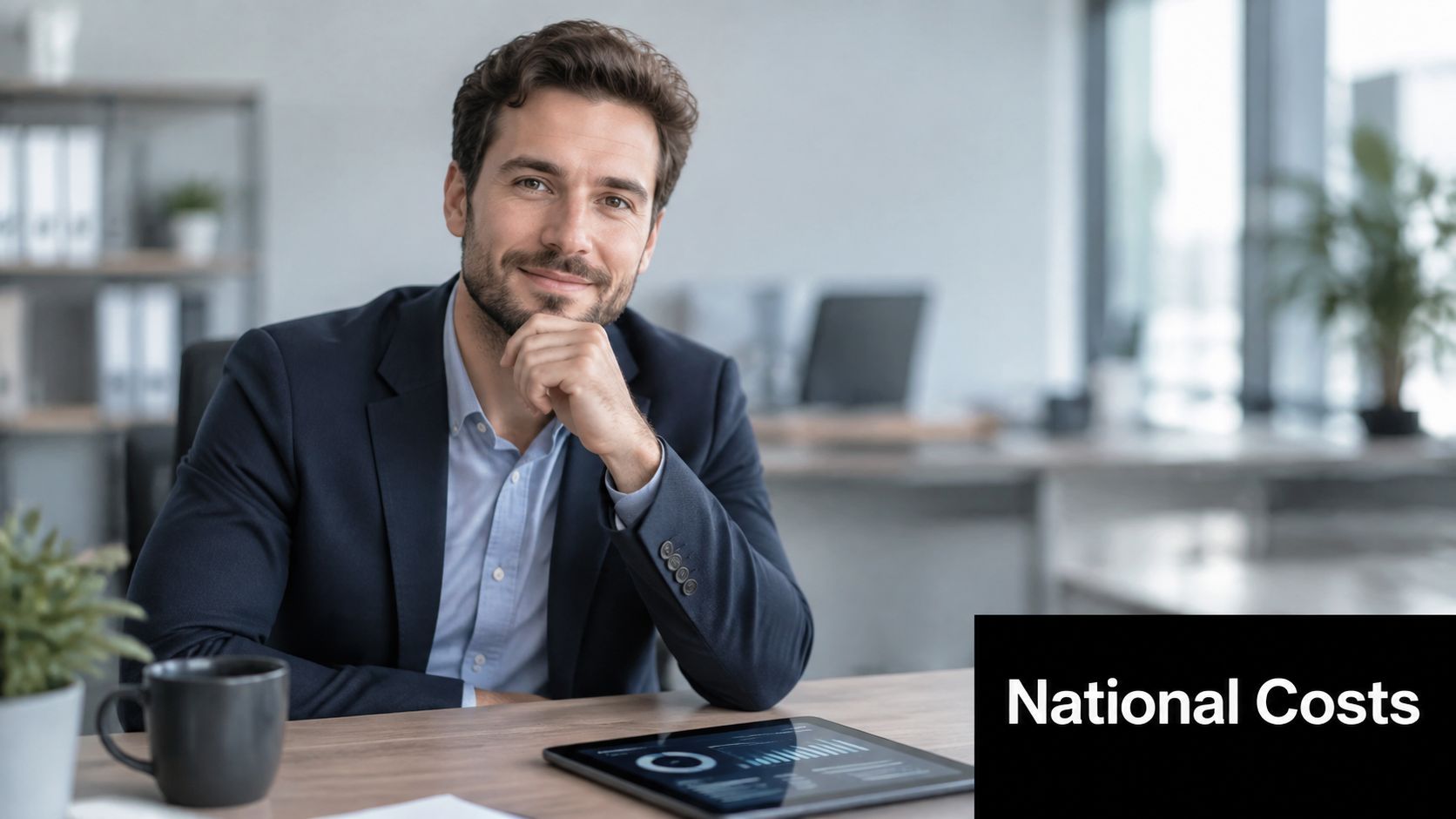 A professional man in a business suit sitting at an office desk with a digital tablet.