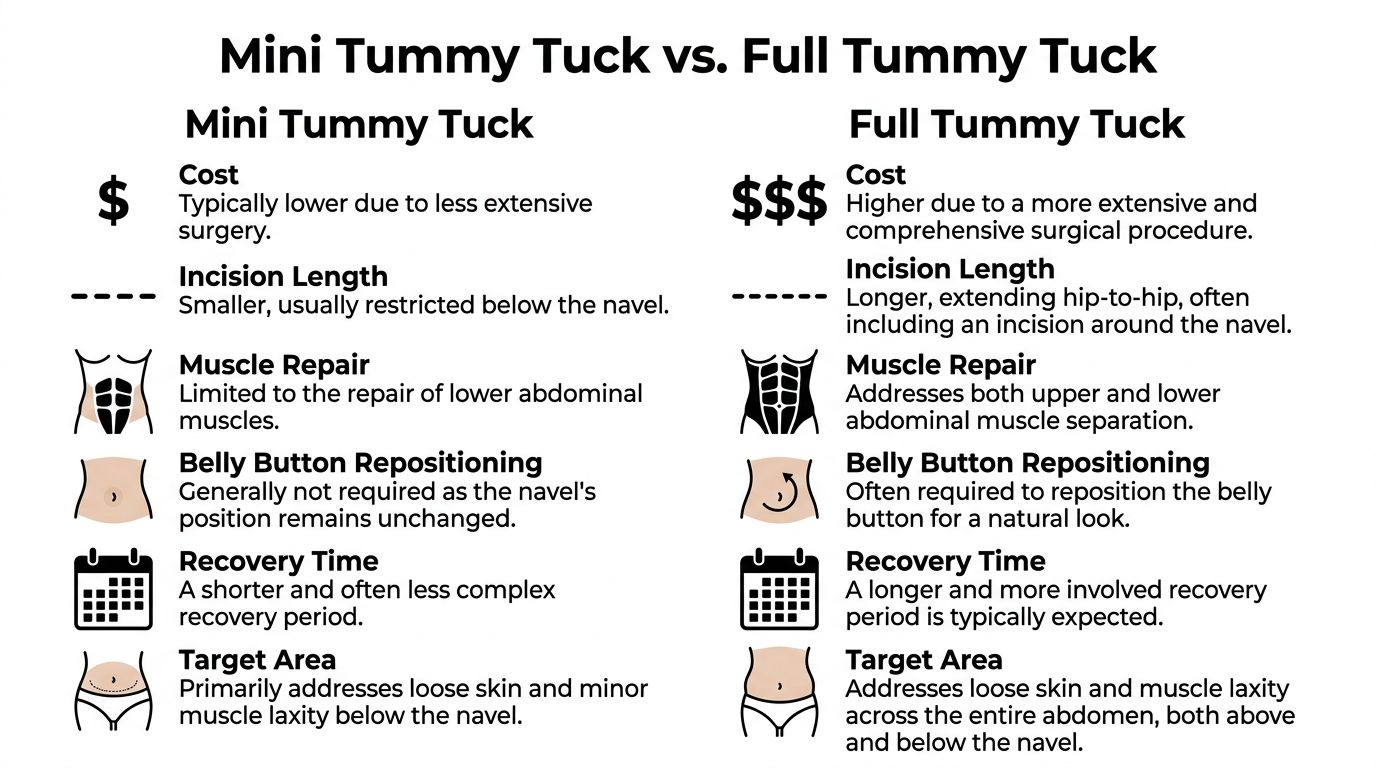 A comparison chart outlining key differences between mini tummy tuck and full tummy tuck surgical procedures.
