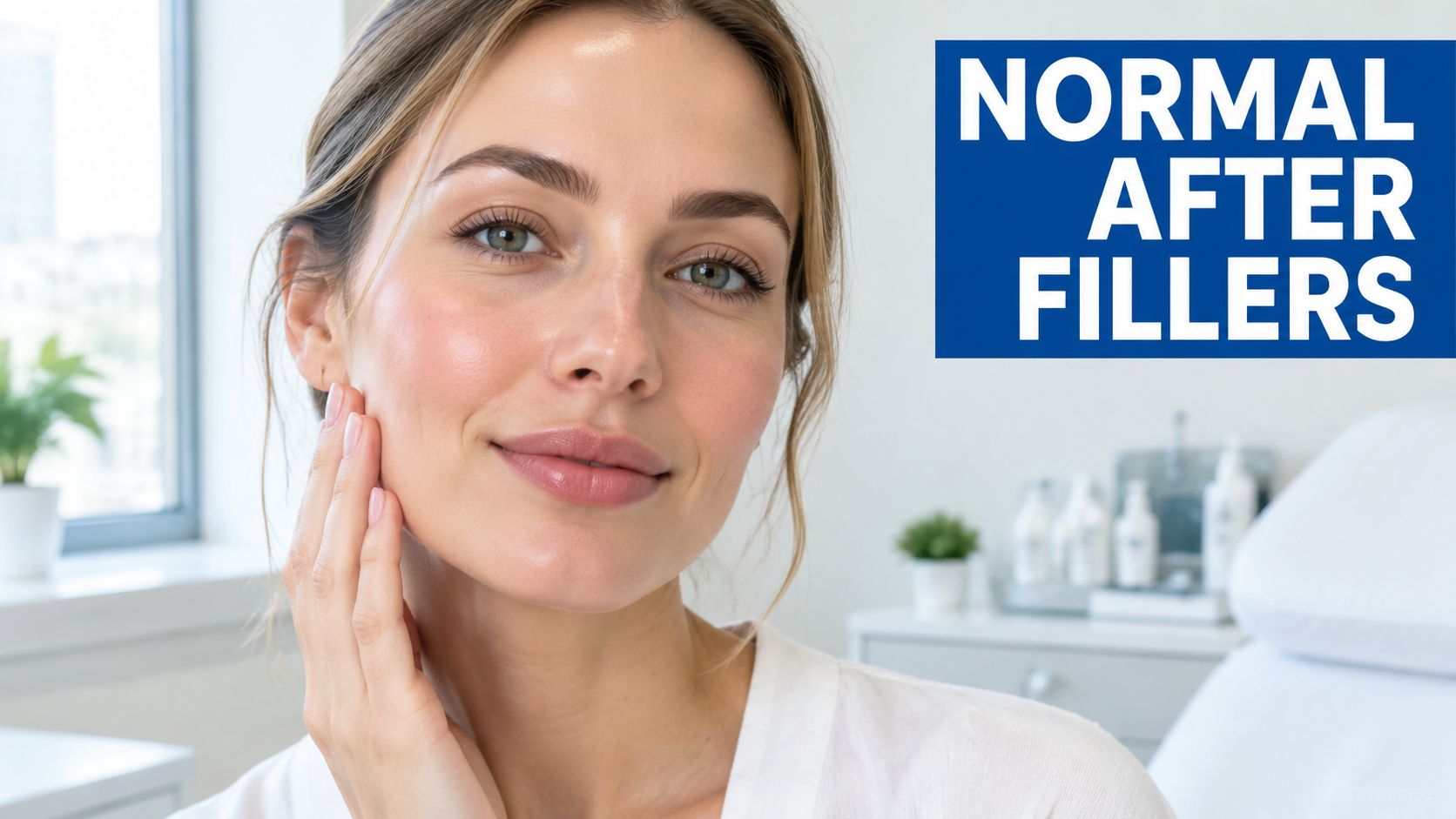 A woman smiling confidently, highlighting healthy-looking, glowing skin after receiving cosmetic facial filler treatments in a clinic.
