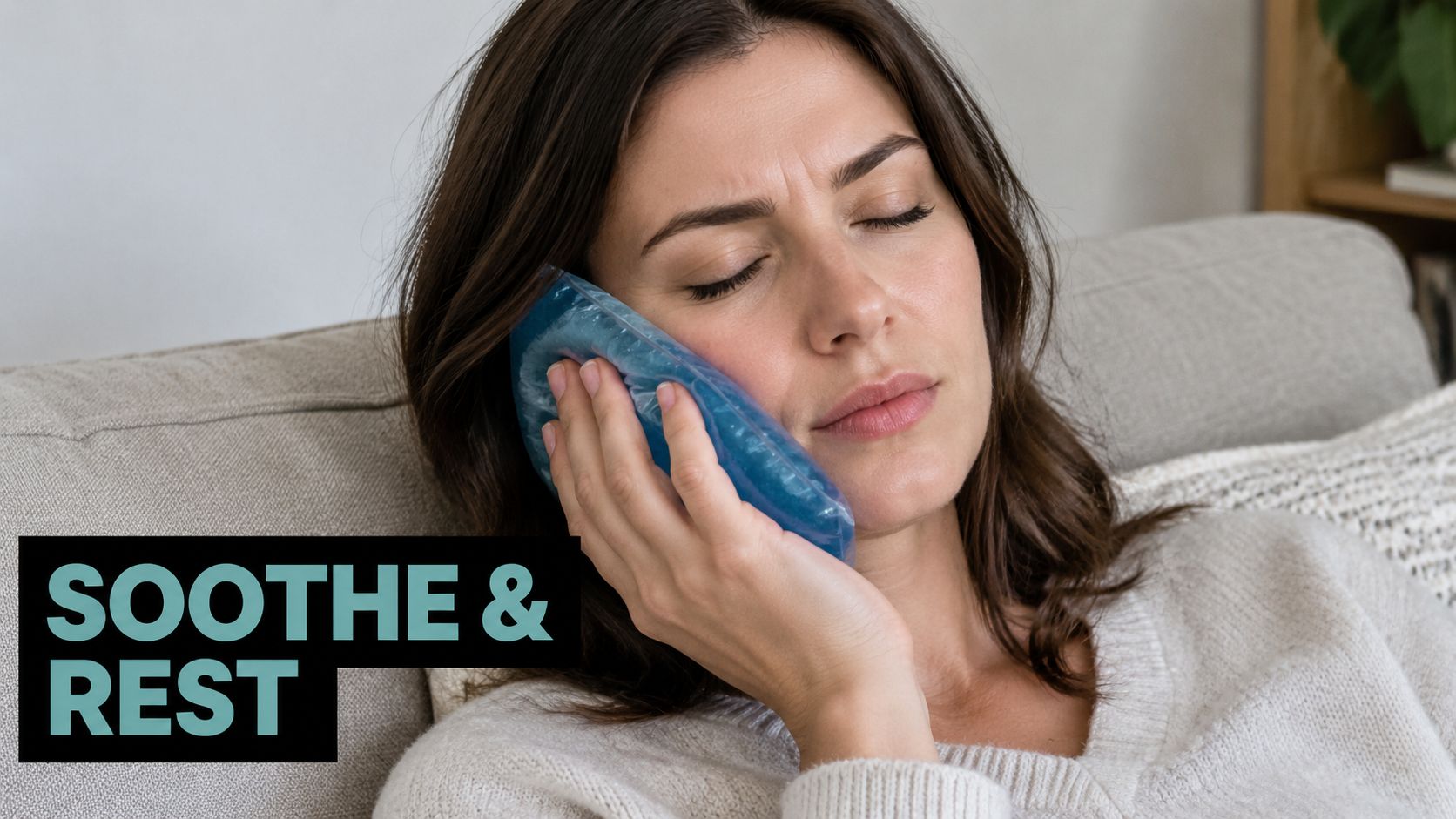 A woman holding a cold gel pack against her cheek while resting on a sofa at home.