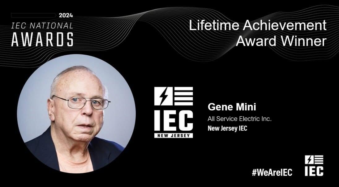 A graphic recognizing Gene Mini from All Service Electric Inc., a member of IEC New Jersey, as the recipient of the IEC Lifetime Achievement Award.