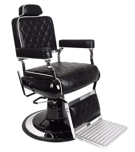 Classic black leather barbershop chair with footrest at The Chair Barbershop in Chicago