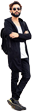 Guy with sunglasses and a suite with sneakers leaning to the left