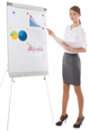 Paper chart on a stand with graphs on it and a woman in business attire pointing to it