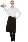Woman dressed as a formal dining server holding a tray with a lid.
