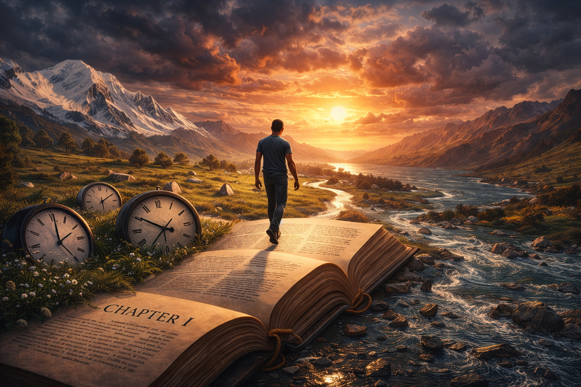 Man walking across an open book into a mountain landscape symbolizing life chapters, memory, and personal transformation
