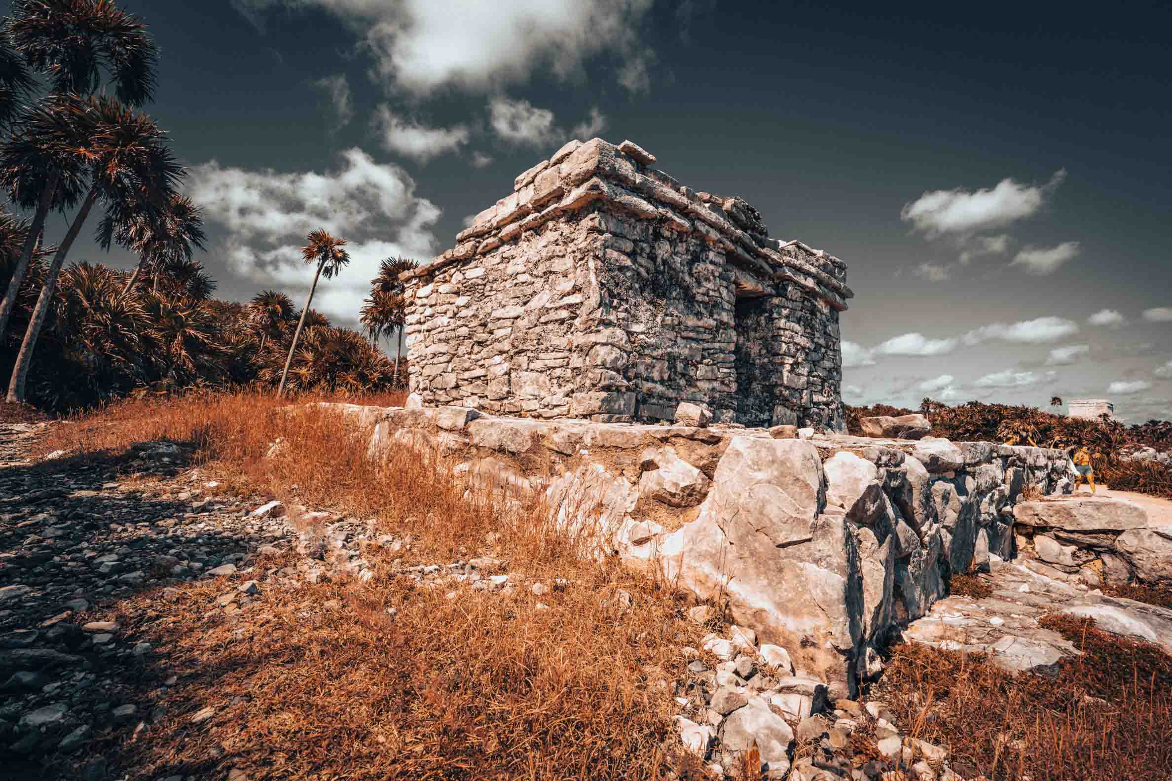 Weathered limestone Maya structure surrounded by dry vegetation and tropical trees at the Tulum archaeological site in Mexico.