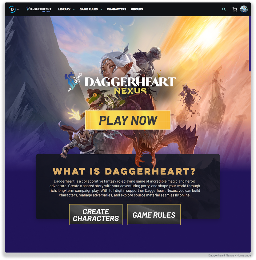 An image of the homepage for Daggerheart Nexus