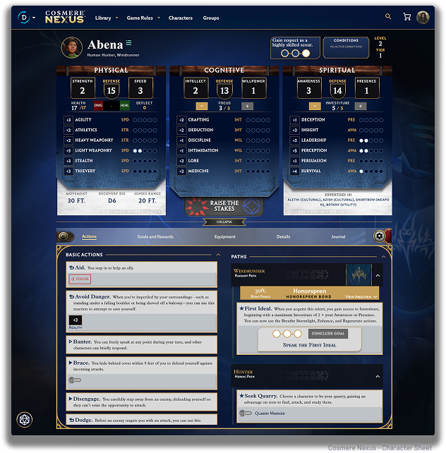 An image of a Cosmere RPG Character sheet on Demiplane.