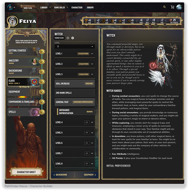 An image of the Pathfinder Nexus character builder on Demiplane. 