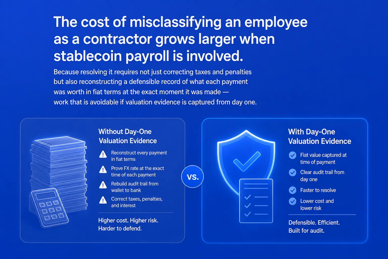 Retroactive liability exposure from misclassification — employer FICA, back taxes, interest, penalties, and wage-hour risk — compounded by the added burden of reconstructing fiat-equivalent stablecoin valuations after the fact