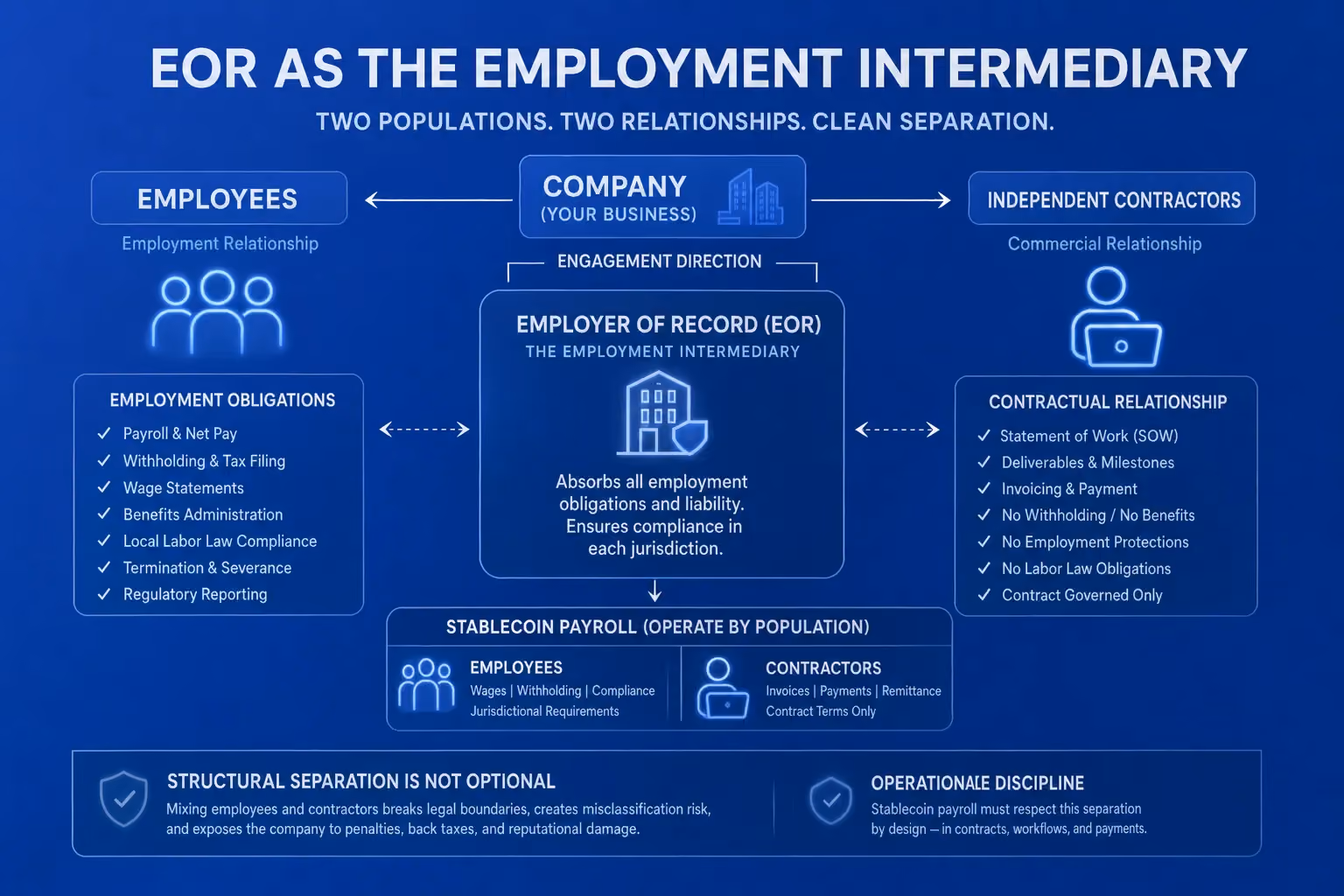 EOR as the legal employer sitting between the client company and employees, while contractors exist outside that structure — connected to the client directly or through a separate COR arrangement