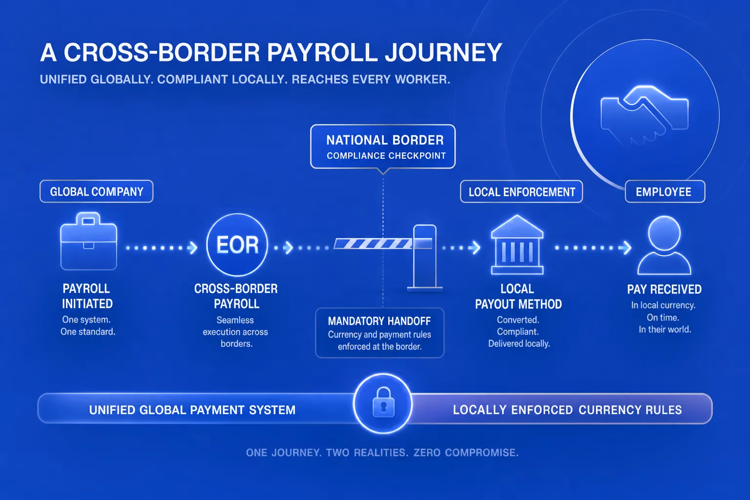 The moment where a stablecoin payment chain must hand off to local fiat currency before reaching a worker, representing the conversion layer in global payroll