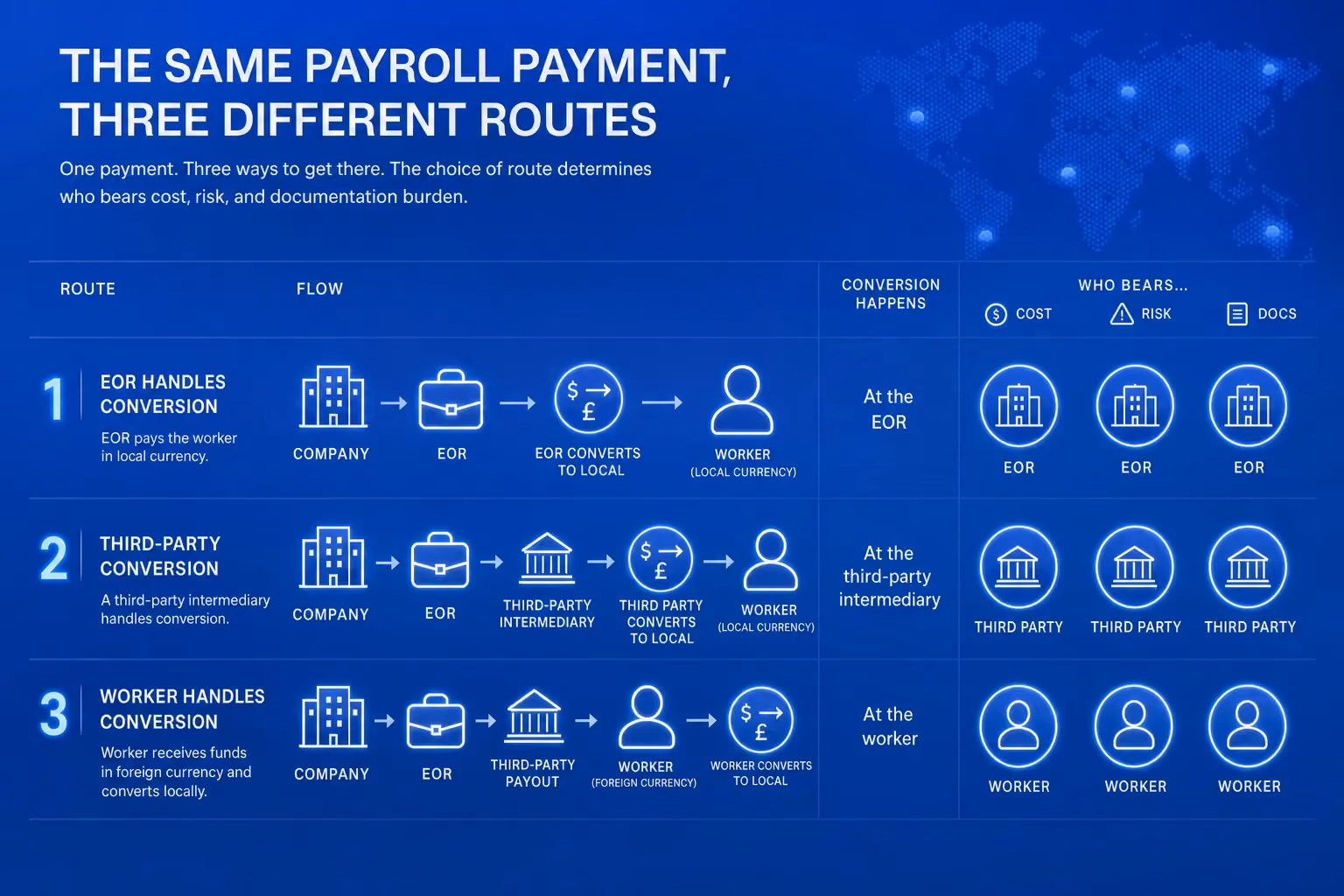 Three operational models for where stablecoin-to-fiat conversion happens in a payroll chain: at the EOR level, via a payment intermediary, or on the worker's side