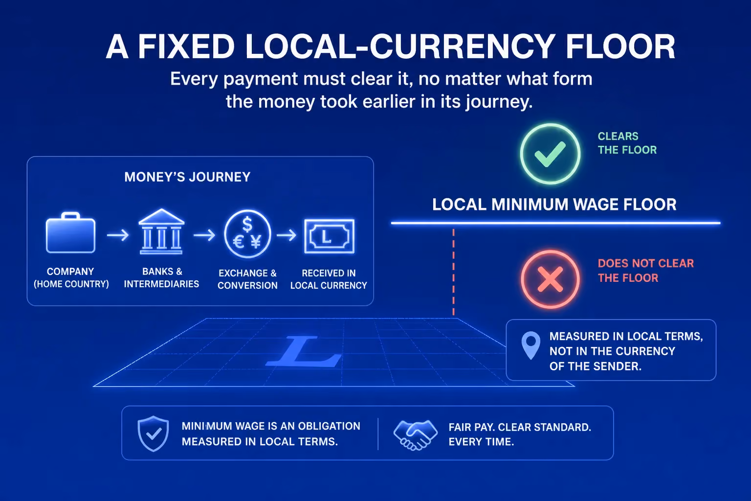 Minimum wage compliance assessed in local currency terms regardless of whether the worker received stablecoin or fiat, showing that the obligation is denominated in local money even when the payment chain uses digital assets