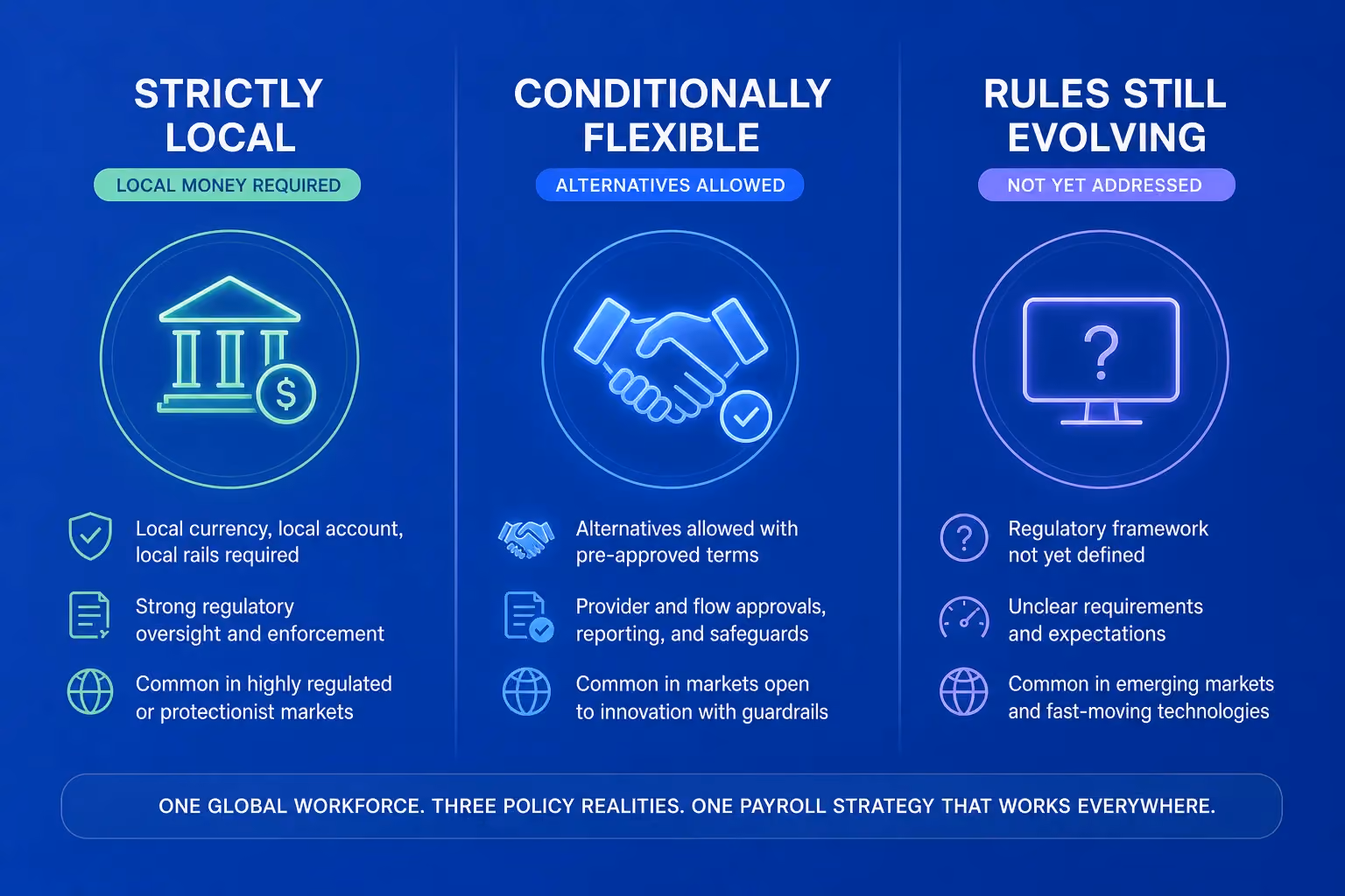 Three distinct regulatory stances jurisdictions take on wage payment currency: mandatory local currency only, foreign currency allowed under conditions, and legally silent grey areas