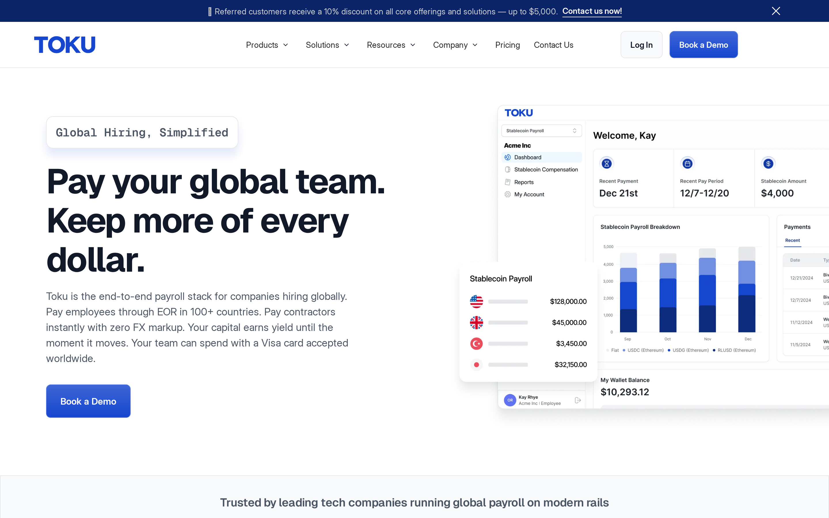 Toku's product homepage showing its stablecoin payroll, EOR, and token grant administration platform for crypto-native teams