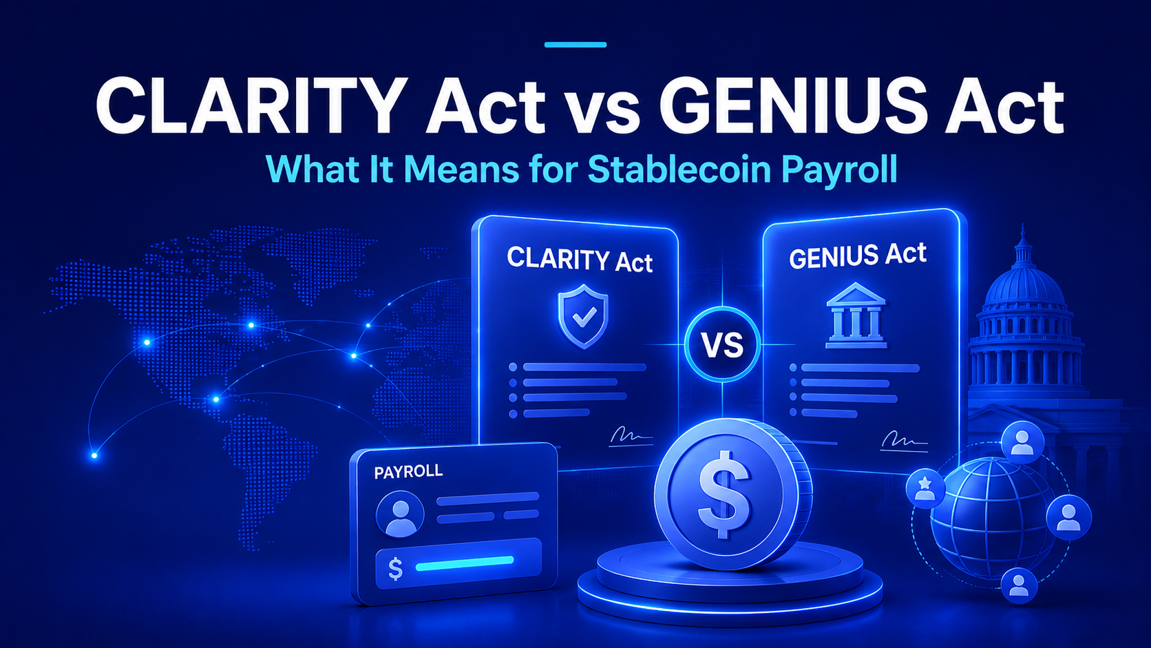 CLARITY Act versus GENIUS Act comparison for stablecoin payroll: two regulatory document cards, a US dollar coin, a payroll card, and a global payments network.