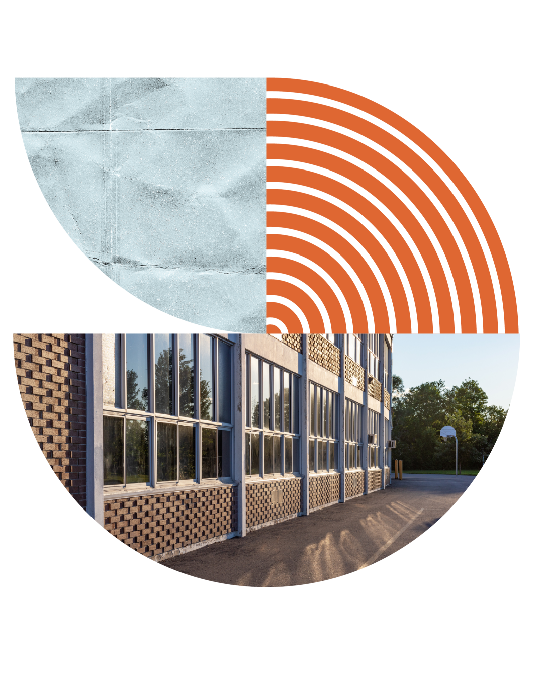 Topminnow graphic with blue texture, orange rainbow, and image of New Mexico school