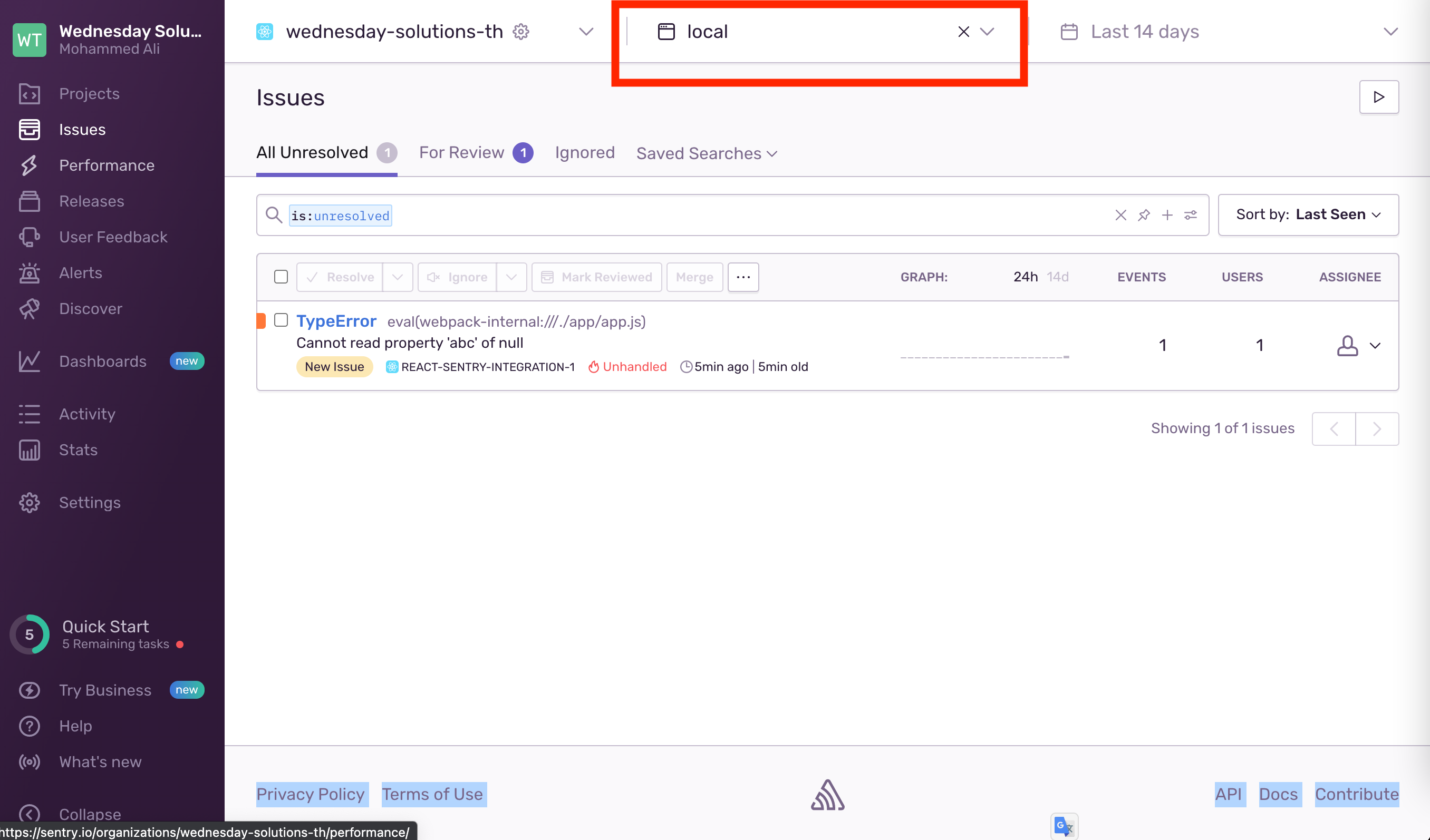 How to filter by environment on Sentry.