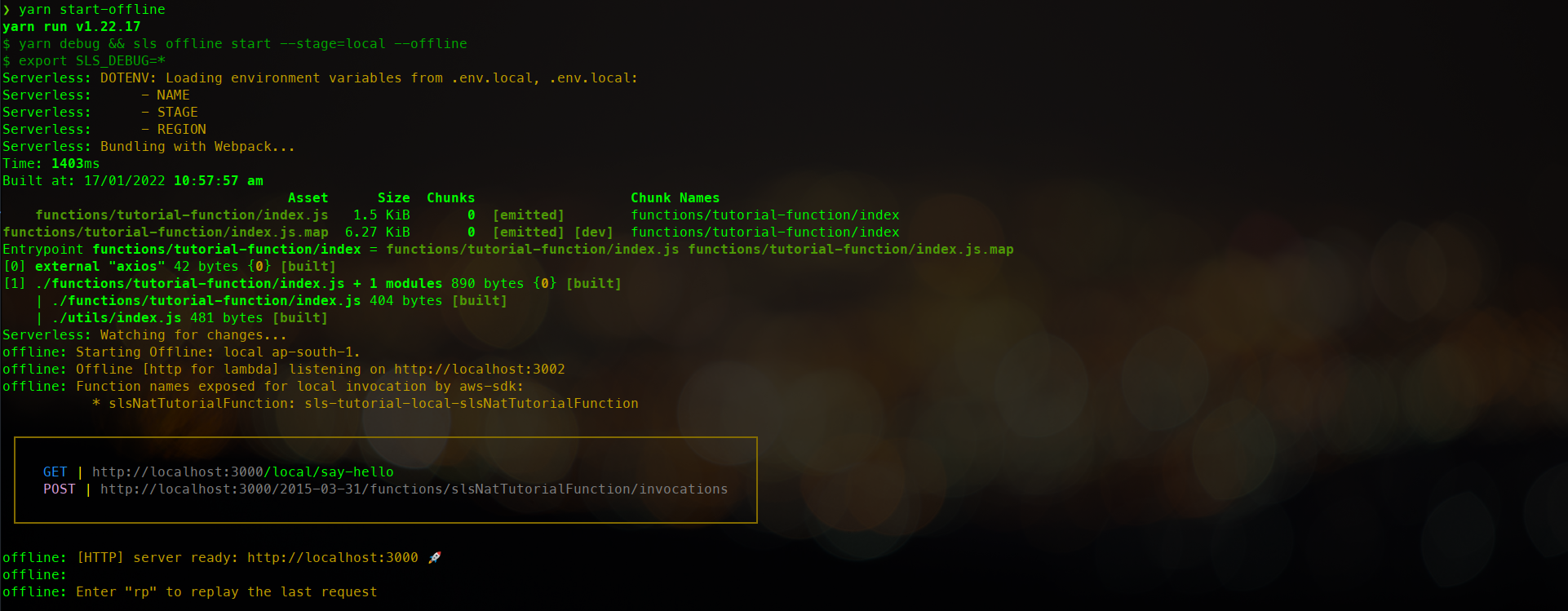 Terminal showing the GET method exposed by the server.