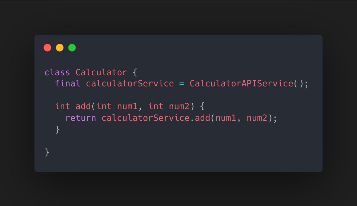 Sample code showing a class called Calculator. The class created a CalculatorAPIService to perform calculations.