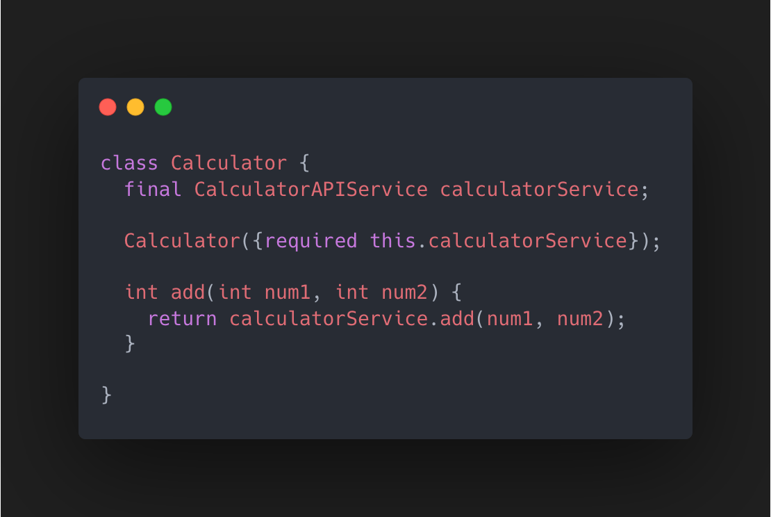 Code sample showing how dependancy injection can be used to inject an object that a class requires.
