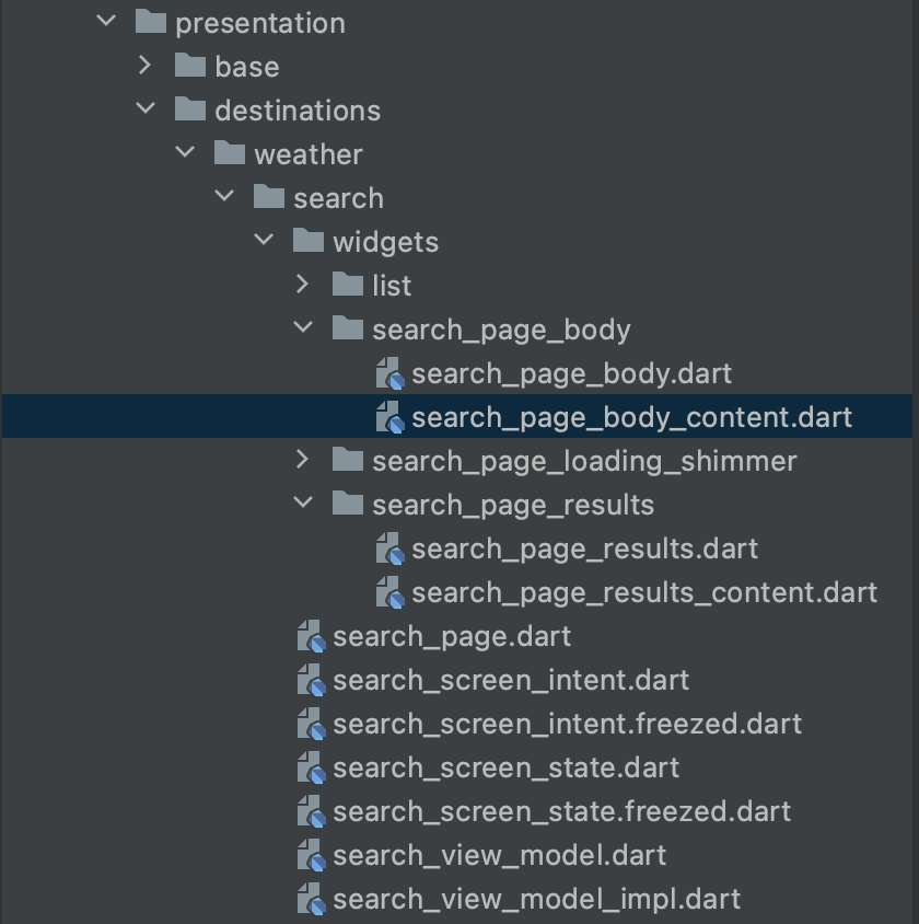 A picture showing the location of the search_page_body_content class in the project directory for which tests will be written.