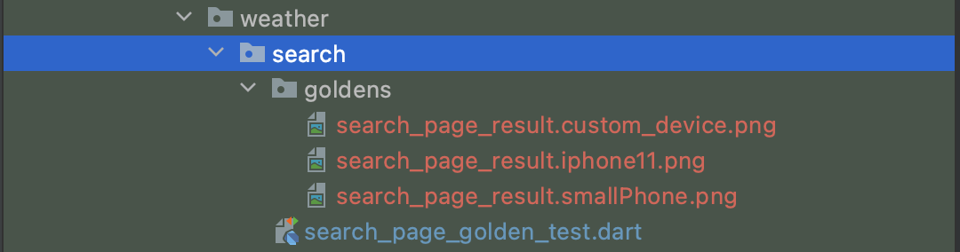 Directory showing the generated golden files. These are created after running the command to update the goldens.
