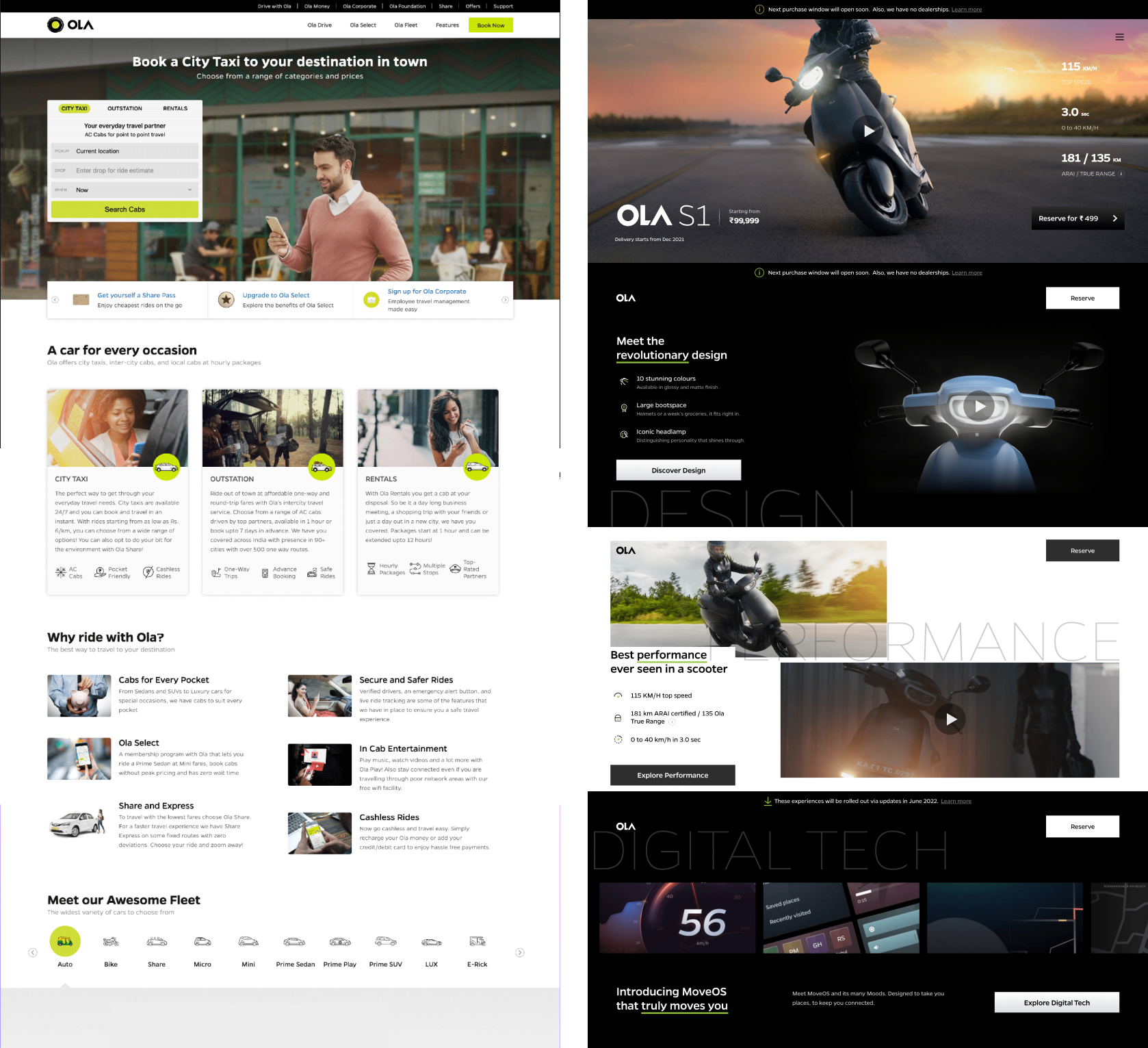 Comparing landing pages or OLA Electric vs OLA the ride hailing platform
