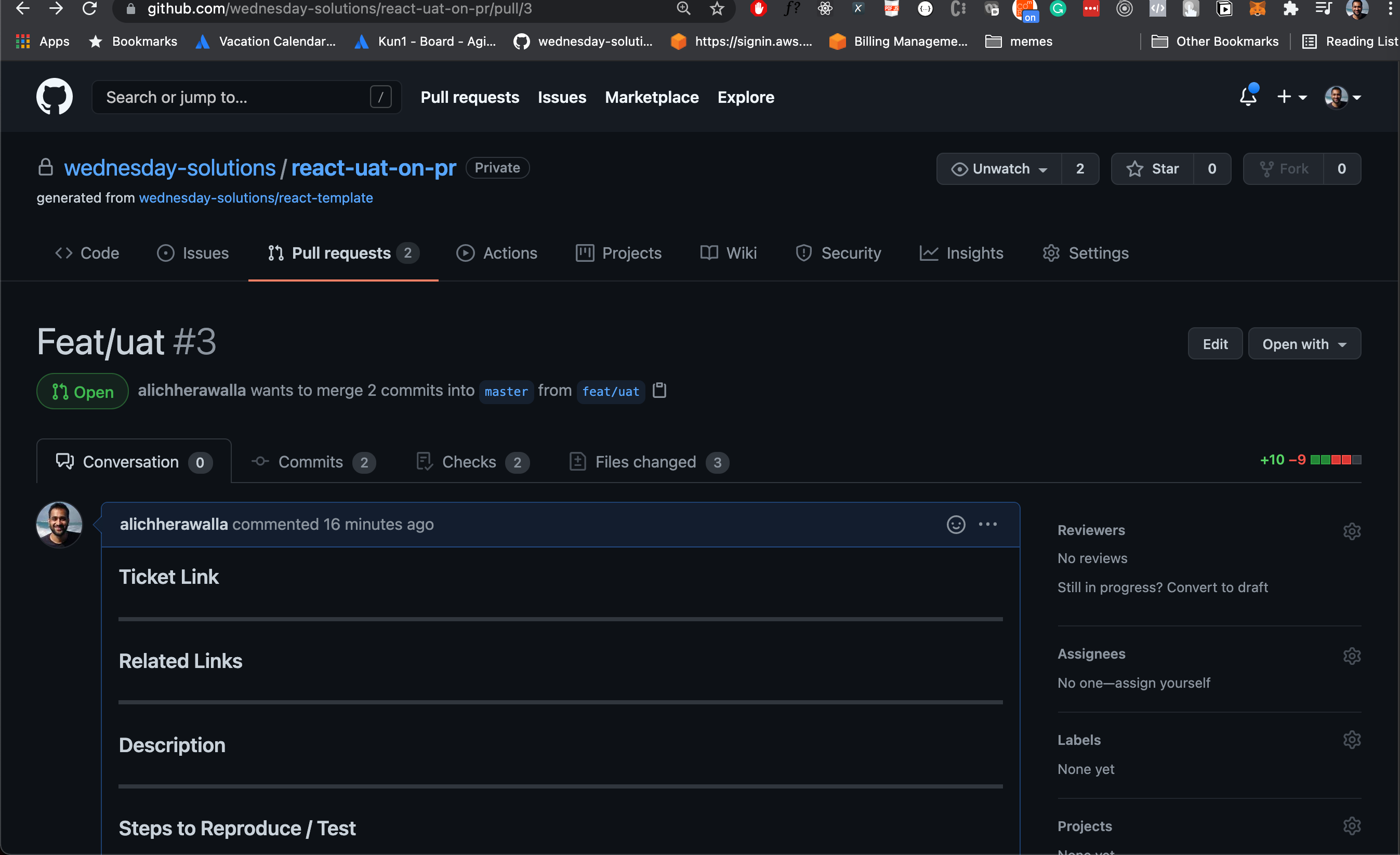 Pull request raised on the wednesday react template repository.