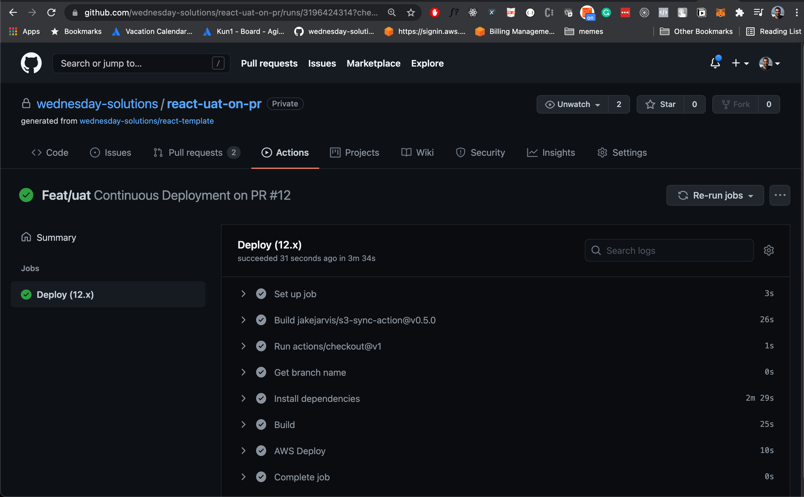 Github actions running on the Wednesday react template.