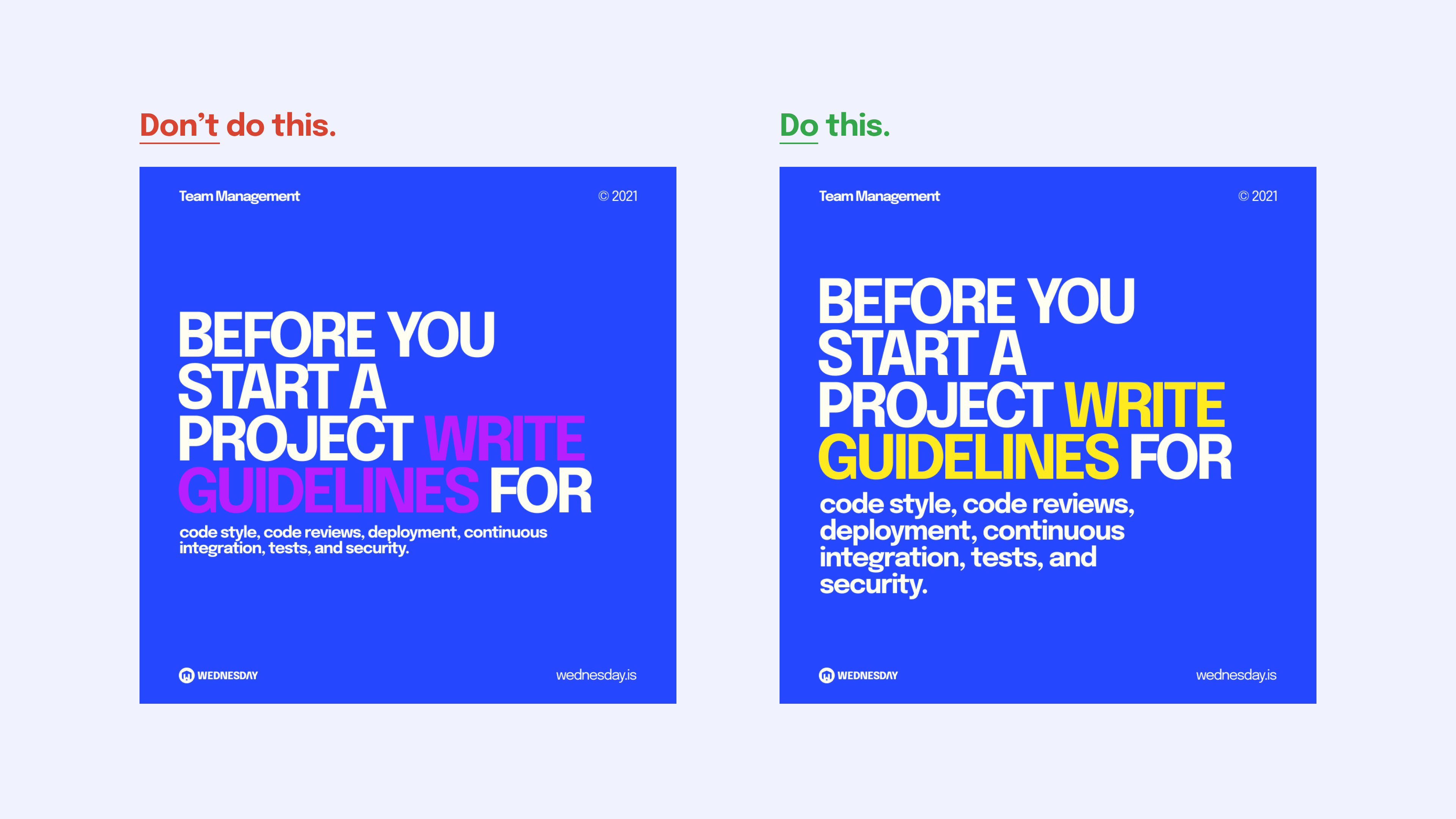 Two social media posts being compared. The first one has no contrast in color making it difficult to read where as the second does making is readable.