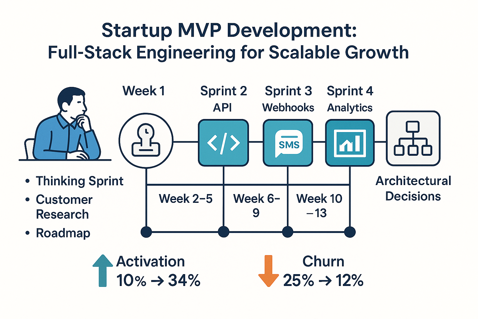A timeline visualization showing the 16-week engagement: Week 1 (thinking sprint, customer research, roadmap), Weeks 2-5 (Sprint 1: API), Weeks 6-9 (Sprint 2: Webhooks), Weeks 10-13 (Sprint 3: SMS), Weeks 14-16 (Sprint 4: Analytics). Show metrics improvement: activation 10% to 34%, churn 25% to 12%. Include architectural decisions made in parallel.