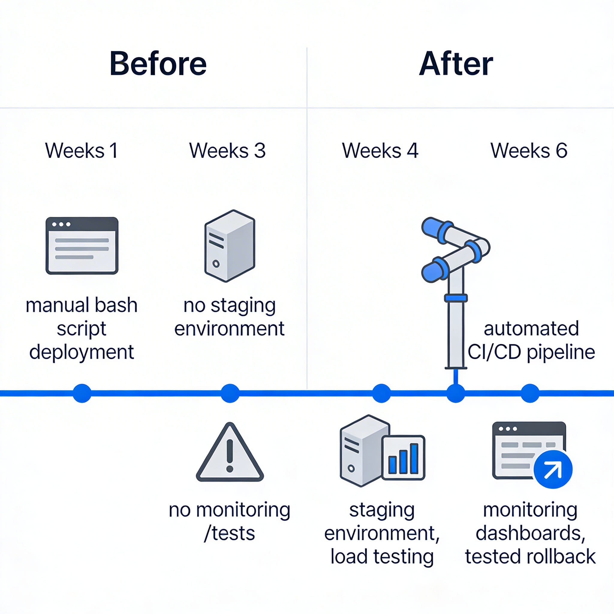 A before and after comparison showing the startup's deployment process. Before: manual bash script deployment, no staging, no monitoring, no tests. After: automated CI/CD pipeline, staging environment, load testing, monitoring dashboards, tested rollback procedure. The transformation is shown as a timeline from week one to week six.