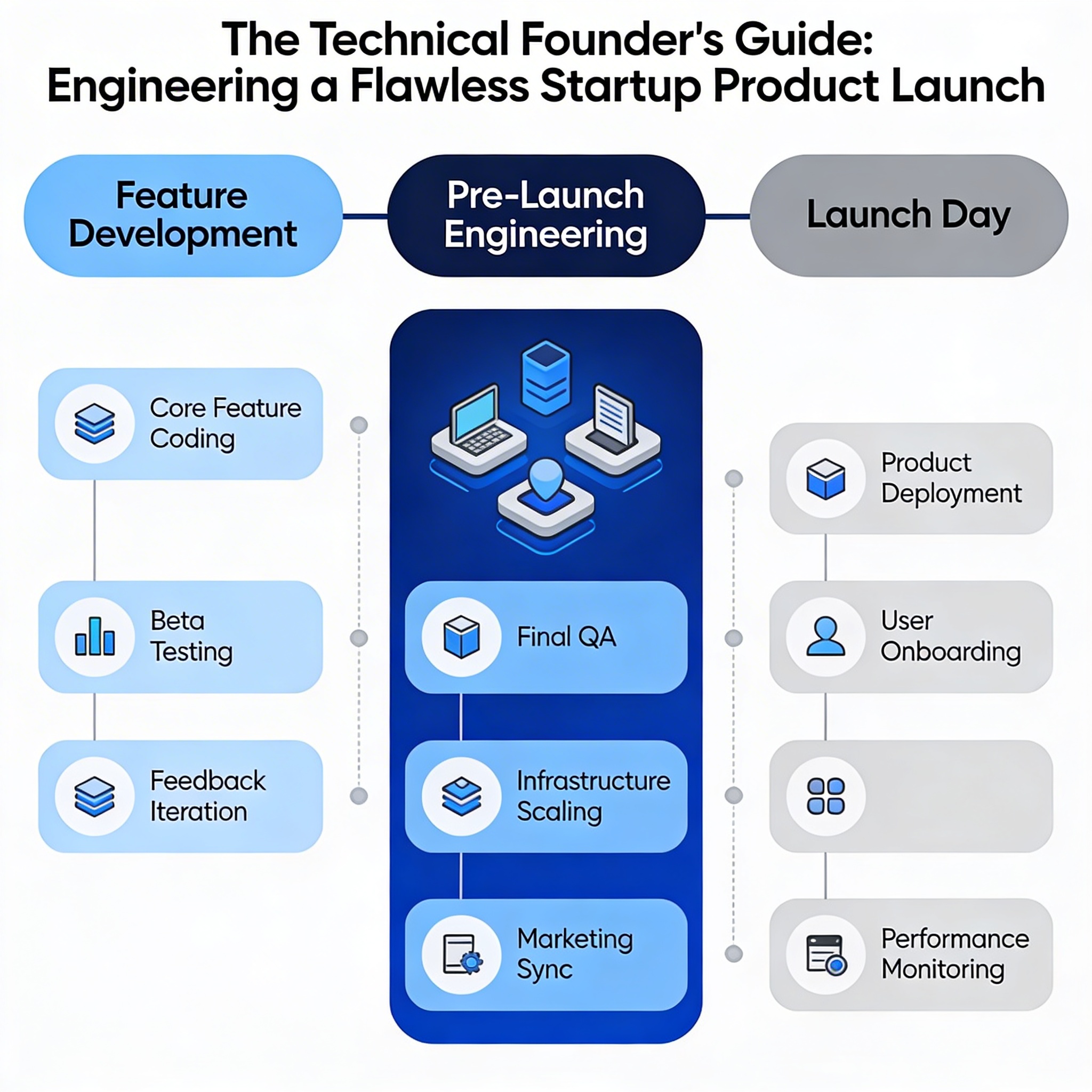 A timeline diagram showing the transition from feature development to pre-launch engineering to launch day, with distinct activities and checkpoints at each phase. The pre-launch phase is visually emphasized as a critical gate between building and shipping.