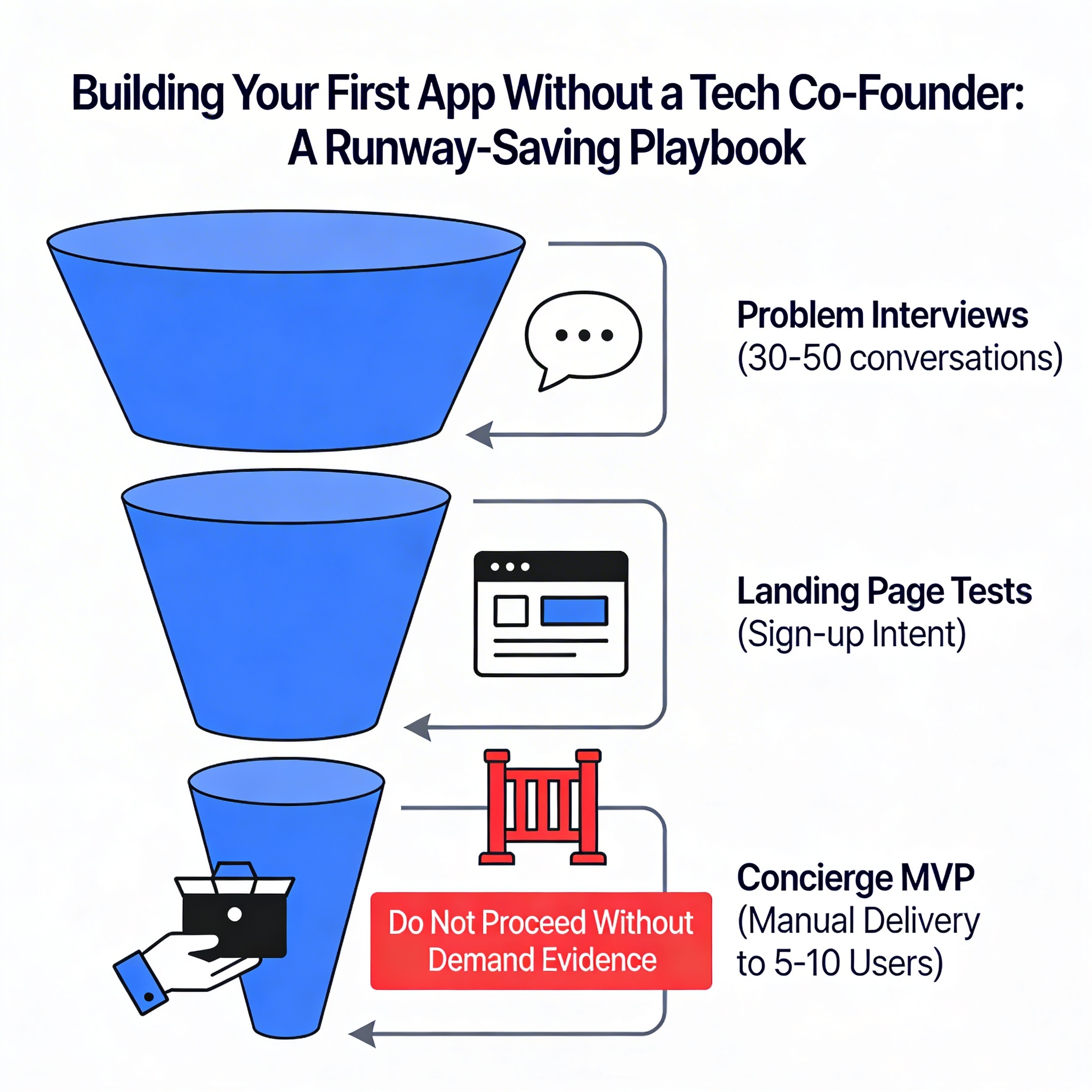 A validation funnel diagram showing the progression from problem interviews (30 to 50 conversations) through landing page tests (measuring sign-up intent) to a concierge MVP (manually delivering the service to 5 to 10 users) before any code is written. Each stage narrows the funnel, with a clear gate: do not proceed to the next stage until the current one produces evidence of demand.
