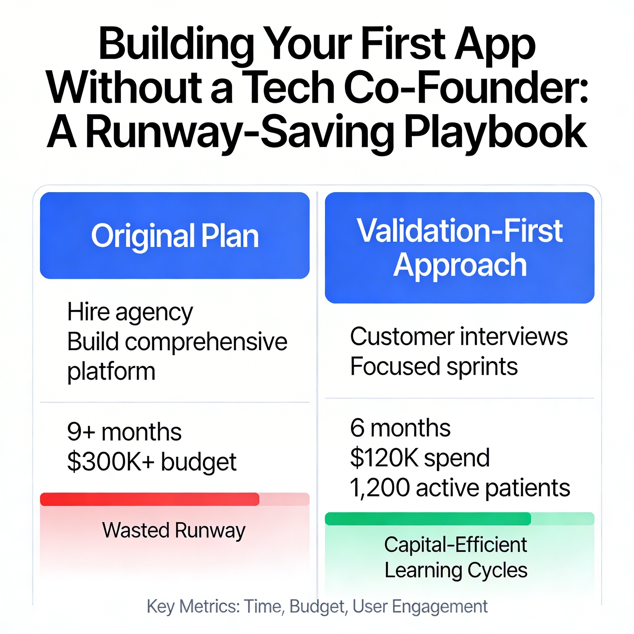 A before-and-after timeline comparing the founder's original plan (hire agency, build comprehensive platform, 9+ months, $300K+ budget) versus the validation-first approach (customer interviews, focused sprints, 6 months, $120K spend, 1,200 active patients). The visual contrasts wasted runway against capital-efficient learning cycles.