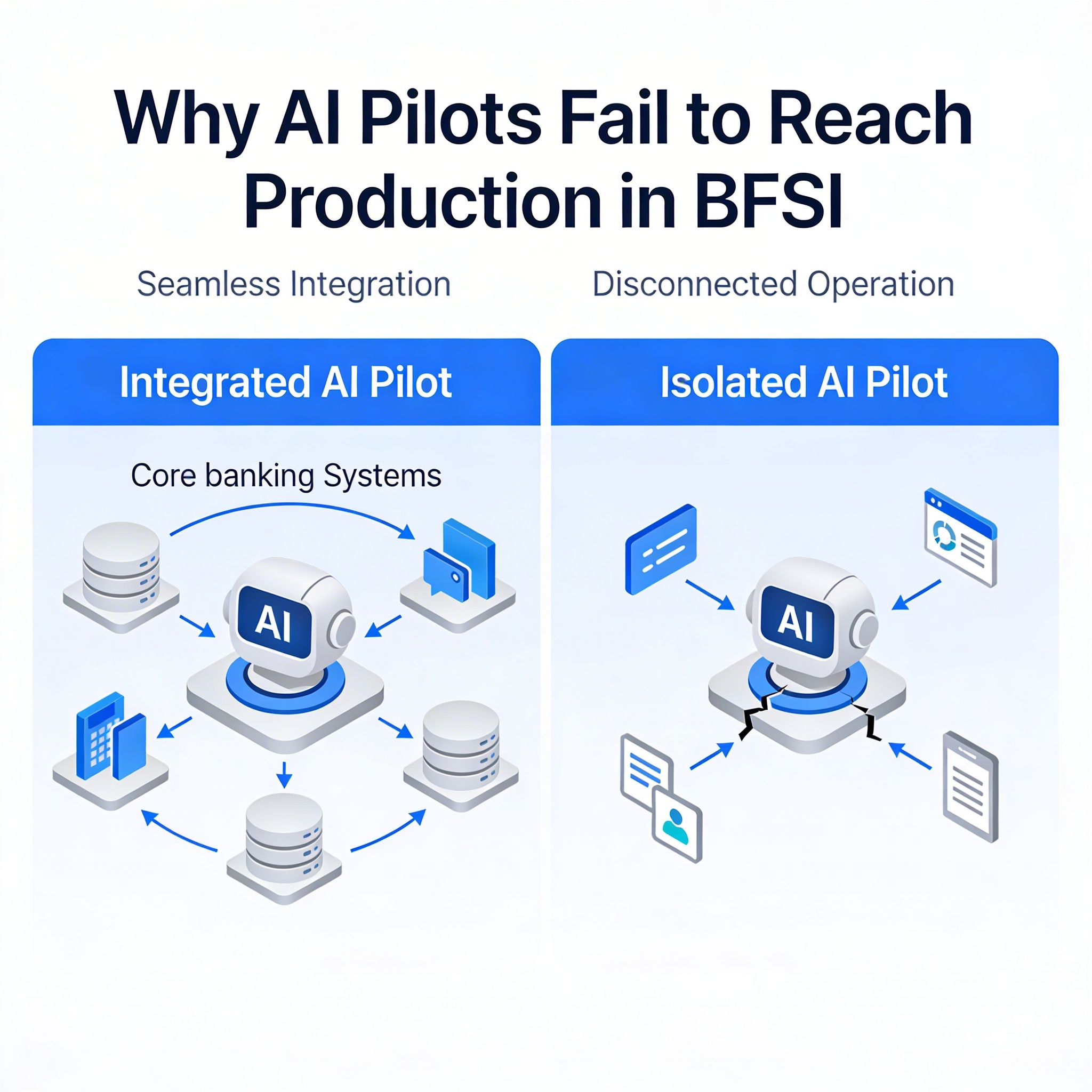 A diagram illustrating the difference between an AI pilot integrated with existing systems versus an AI pilot operating in isolation. The integrated pilot shows data flowing seamlessly between the AI model and core banking systems, while the isolated pilot shows a disconnected AI model with limited data access.