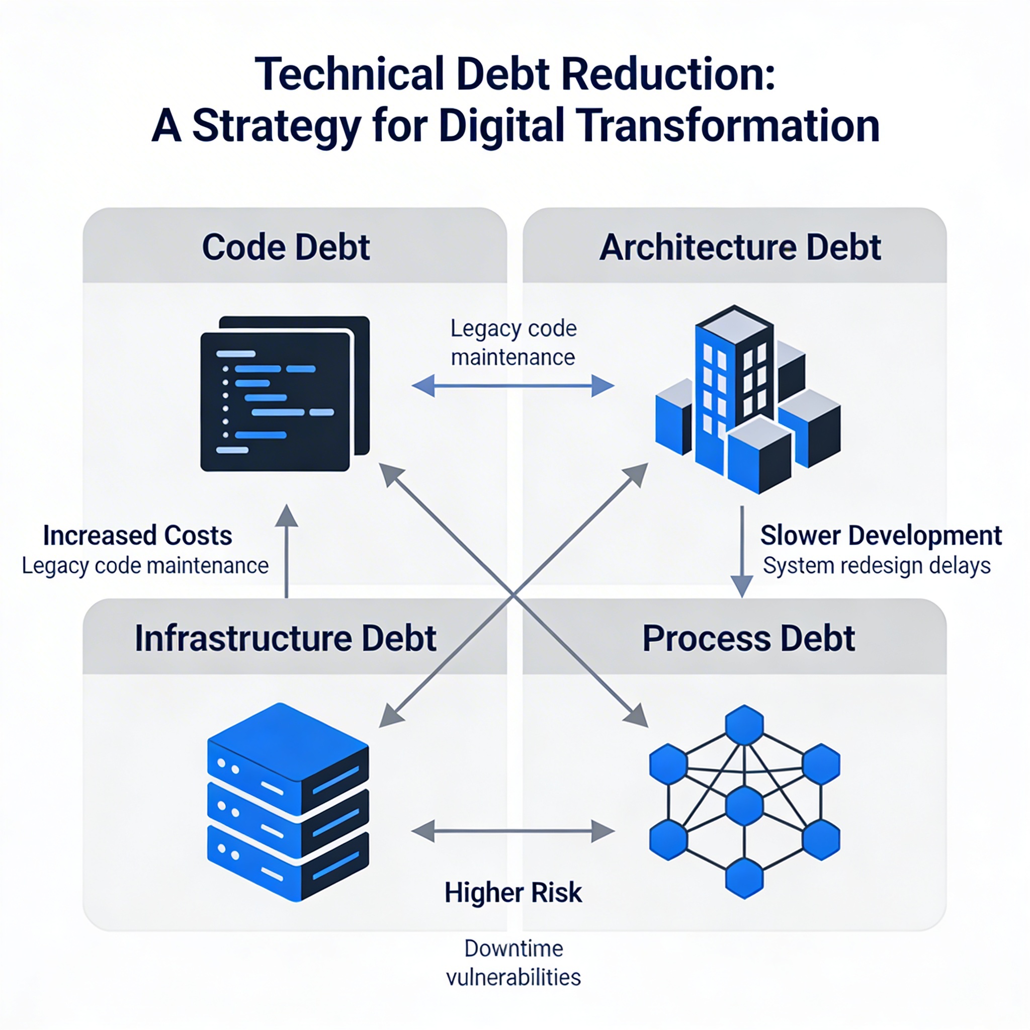 A diagram illustrating the different types of technical debt (code debt, architecture debt, infrastructure debt, process debt) and their impact on business outcomes. The diagram should show how each type of debt contributes to increased costs, slower development, and higher risk.