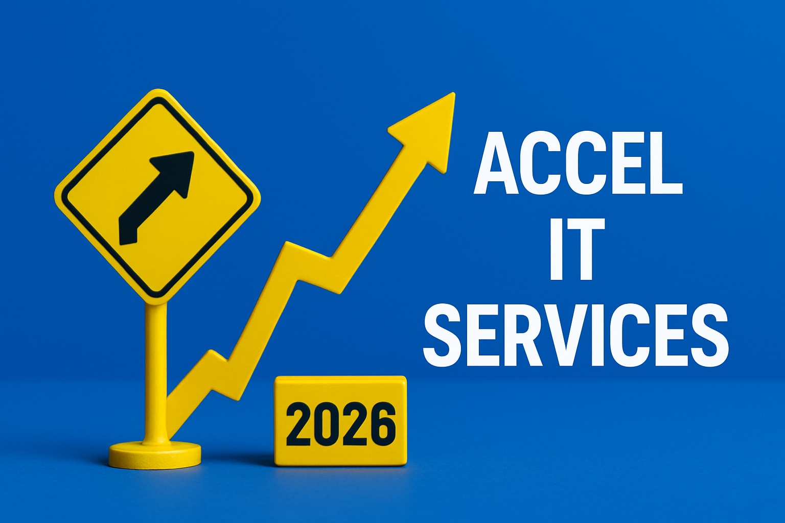 Yellow upward arrow and road sign with 2026 block on blue background, text "Accel IT Services" for Calgary IT solutions blog.