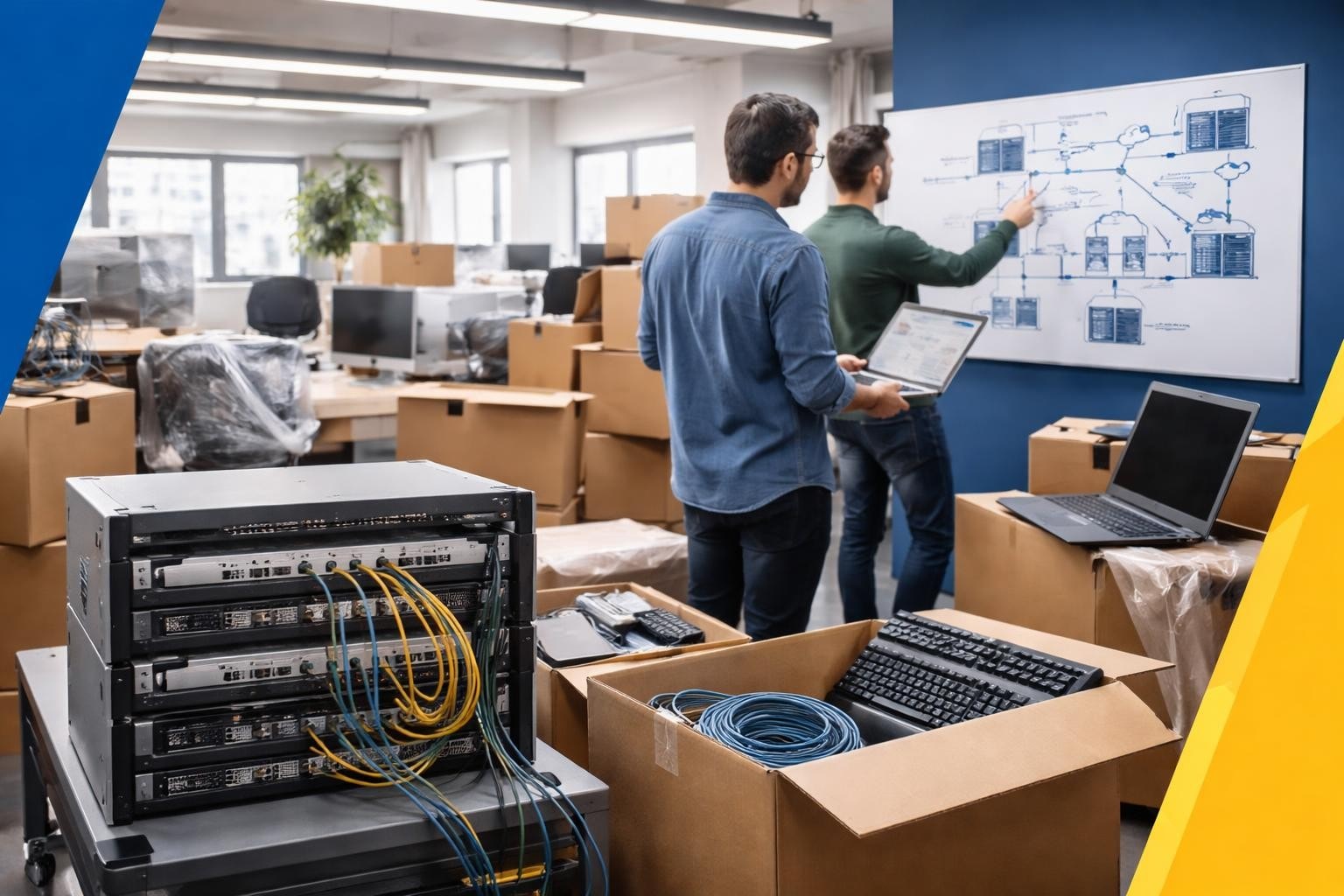 IT professionals planning office IT relocation with packed equipment and network diagram in Calgary office environment.
